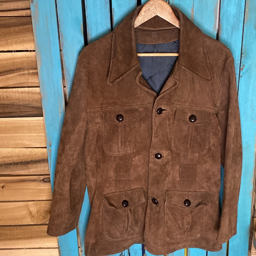 Vintage 70s Pierre Cardin brown suede coat size small big collar missing belt